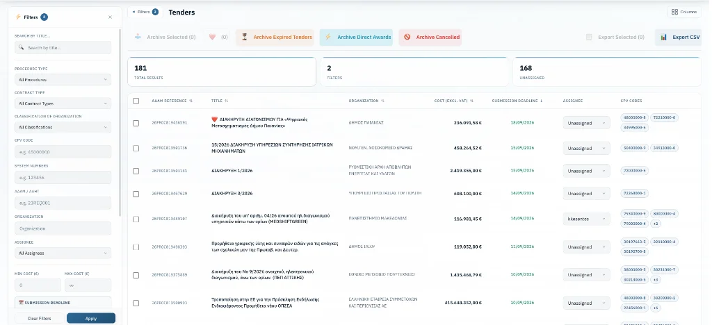 TenderPro Platform - Public tender monitoring platform interface